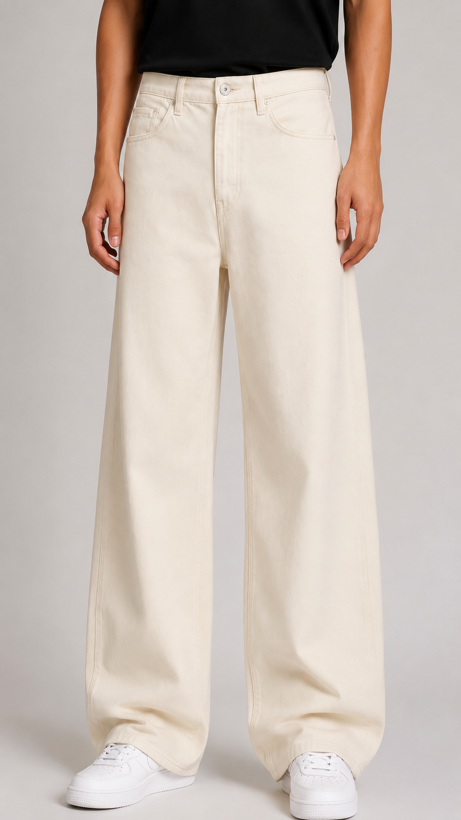 Beige Wide Leg Baggy Jeans