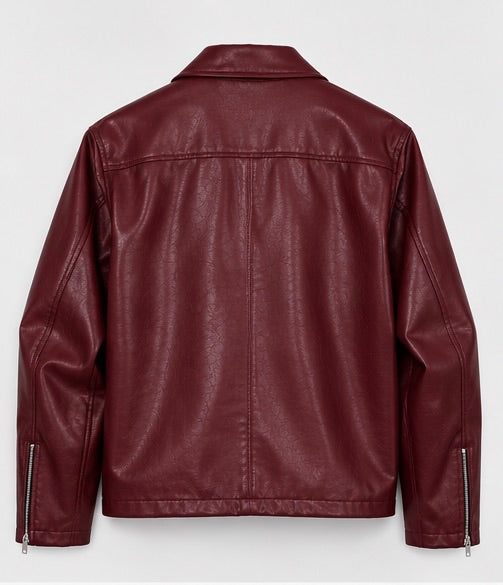 Maroon Club Italian Leather Boxy Fit Jacket — Burgundy