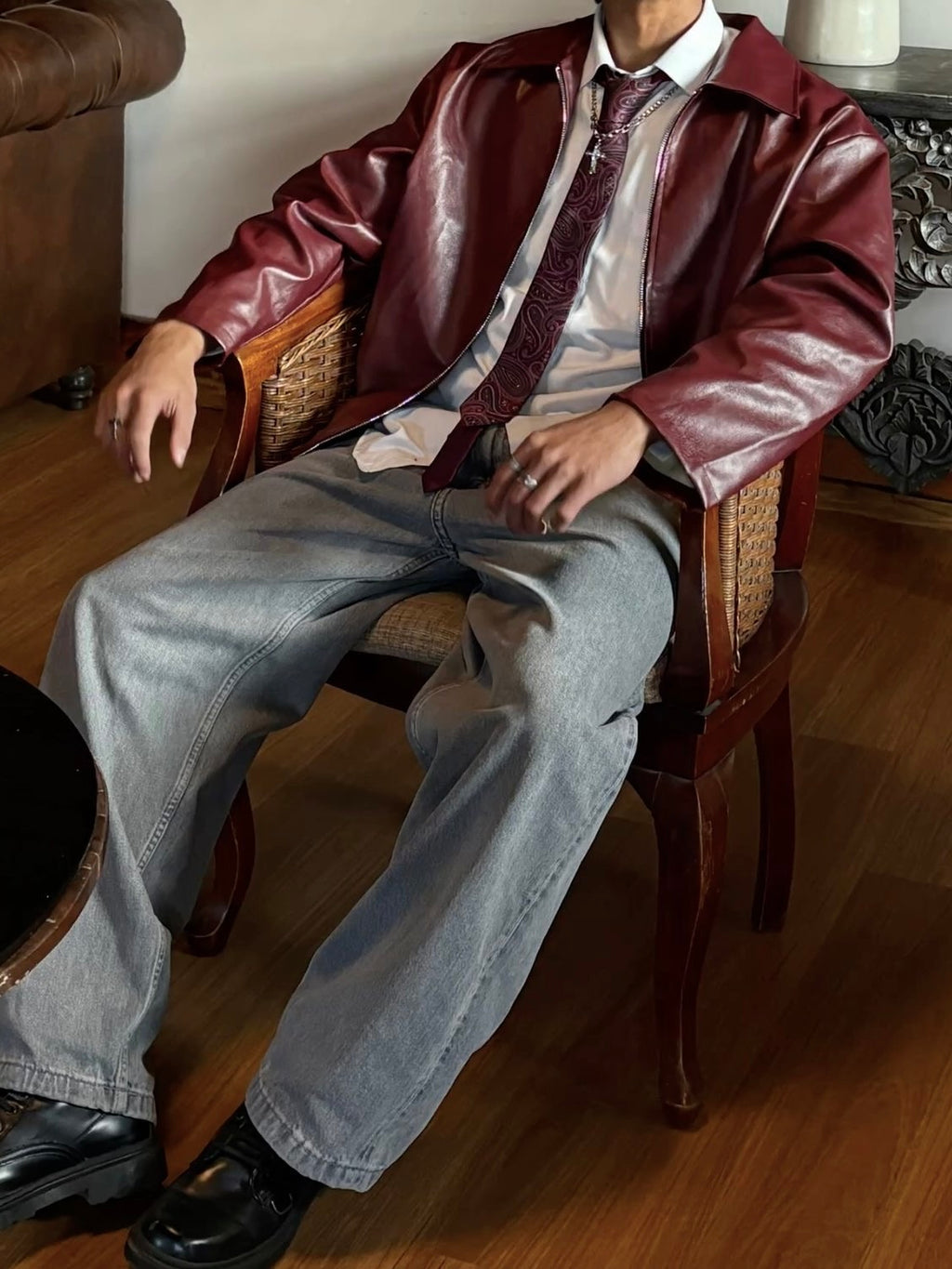 Maroon Club Italian Leather Boxy Fit Jacket — Burgundy