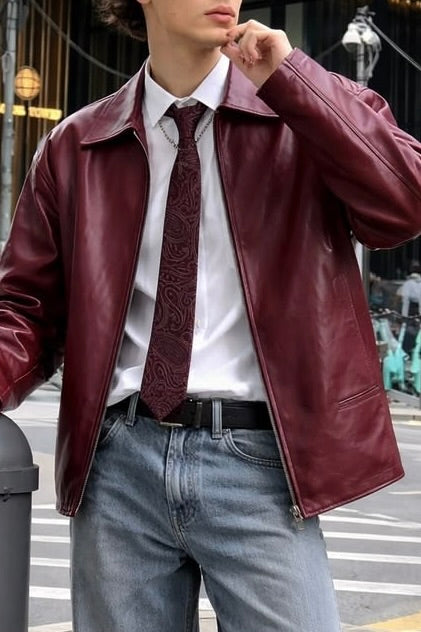 Maroon Club Italian Leather Boxy Fit Jacket — Burgundy