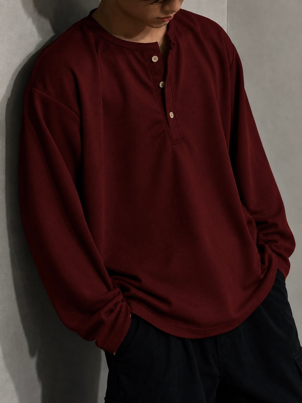 Waffle Henley Tee – Burgundy