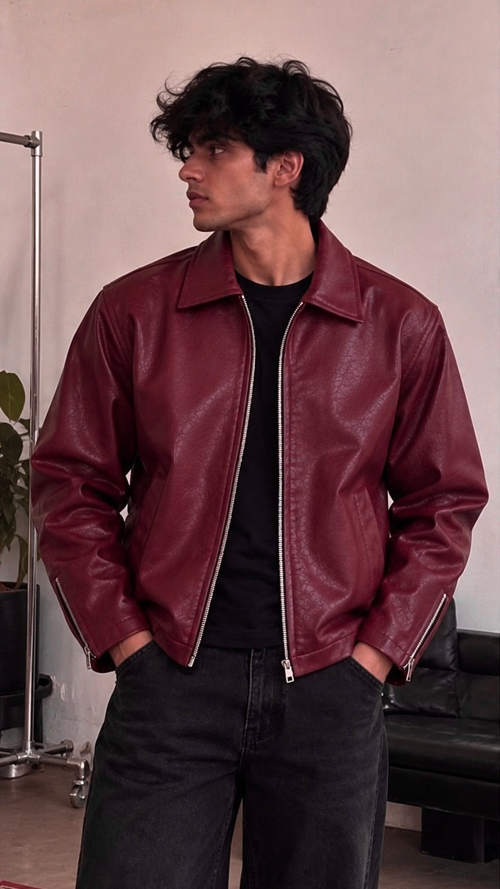 Maroon Club Italian Leather Boxy Fit Jacket — Burgundy