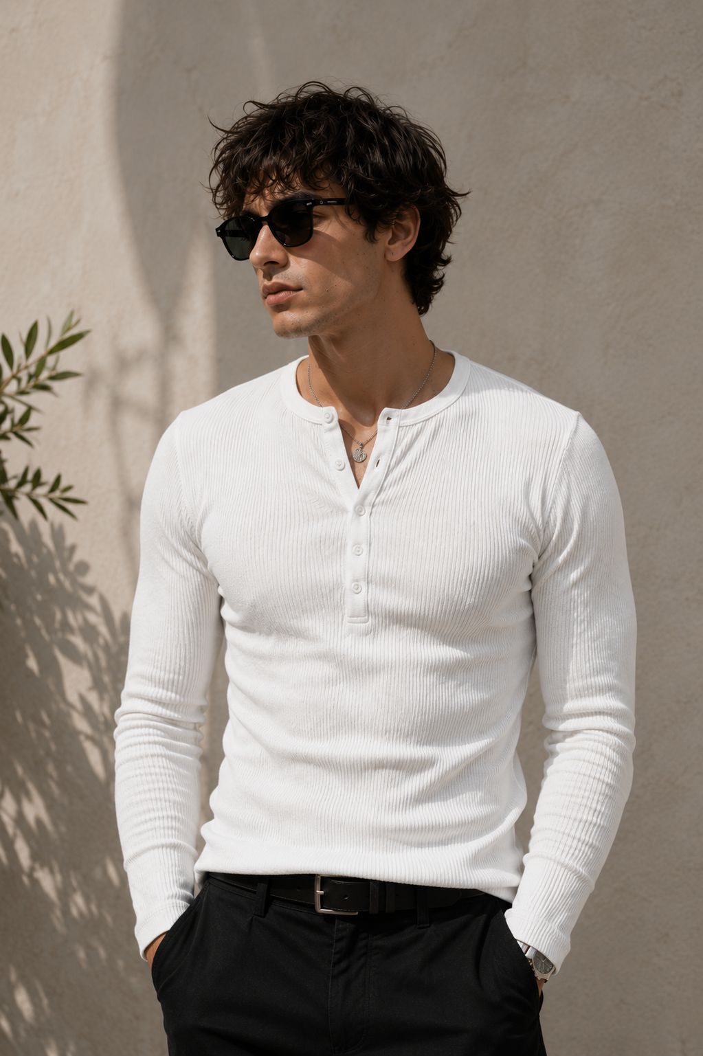 WHITE RIBBED HENLEY TSHIRT