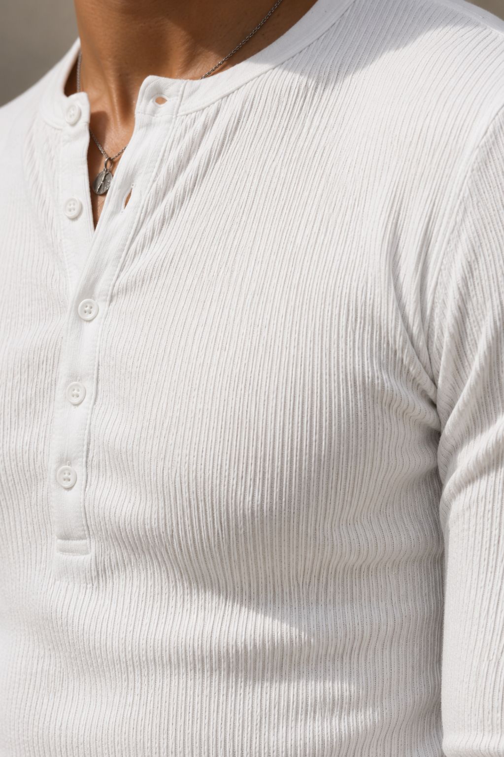 WHITE RIBBED HENLEY TSHIRT