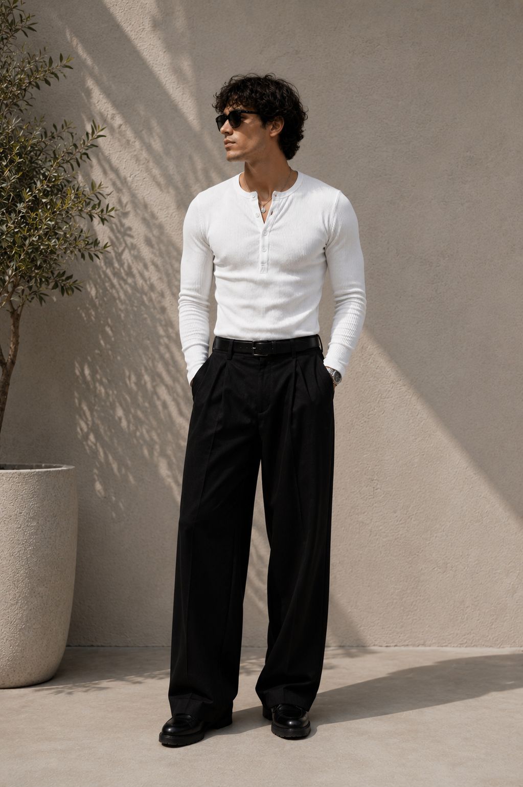 WHITE RIBBED HENLEY TSHIRT