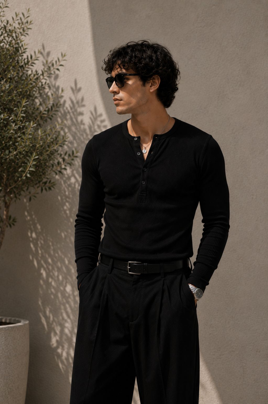 BLACK RIBBED HENLEY TSHIRT