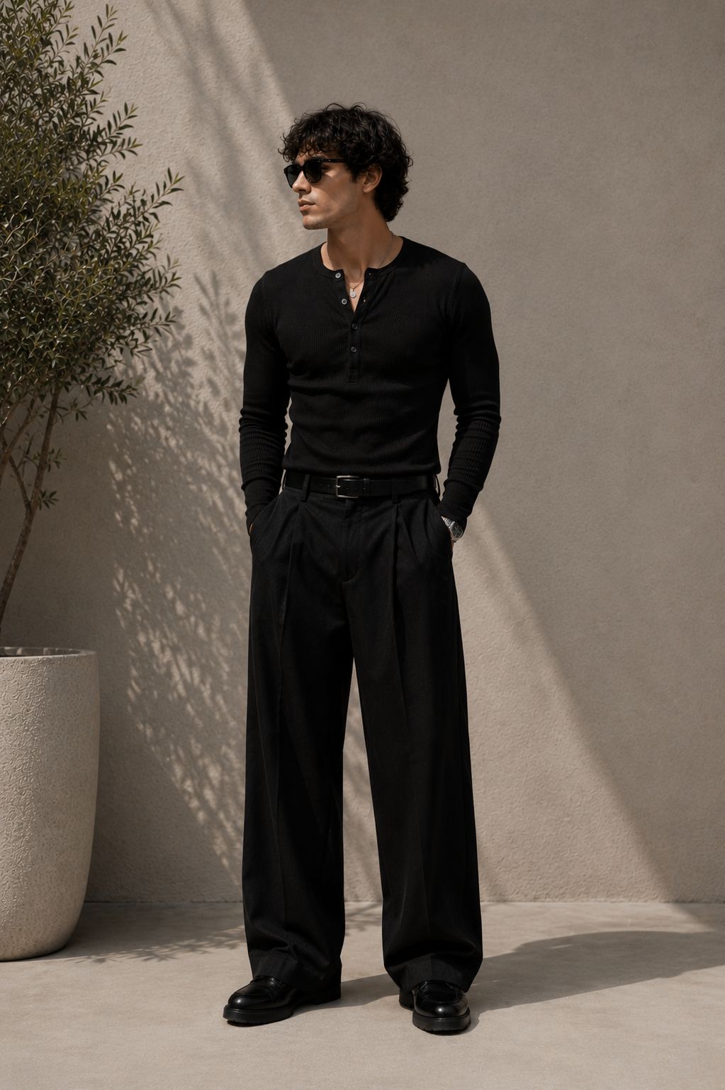 BLACK RIBBED HENLEY TSHIRT